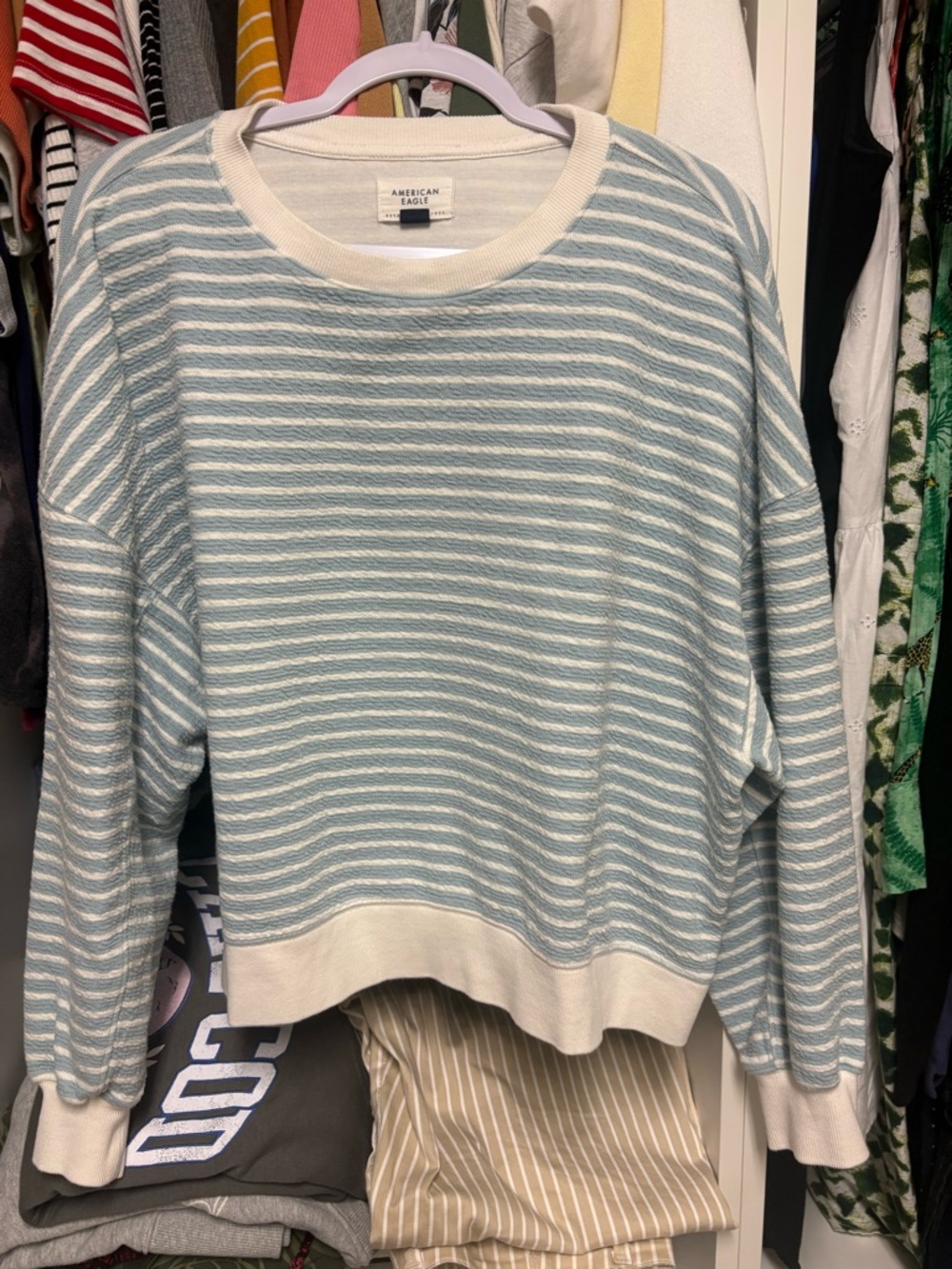 American Eagle Outfitters Light Blue & White Striped Crewneck Sweater
